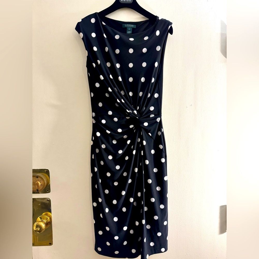 Ralph Lauren Black White Polka Dot Sleeveless Dress Size 6 ruched